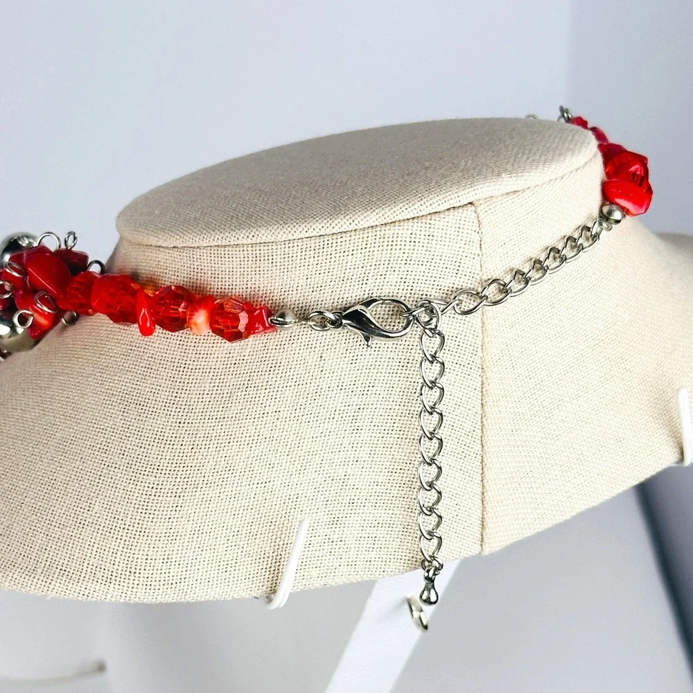 Bold Red Cluster Necklace Coral Chip Faceted Bead Silver Tone Maximalist Collar